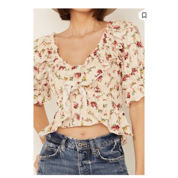 Free People Favorite Girl Top Tea Party Combo Floral Boho Ruffle Size Large - Picture 12 of 12